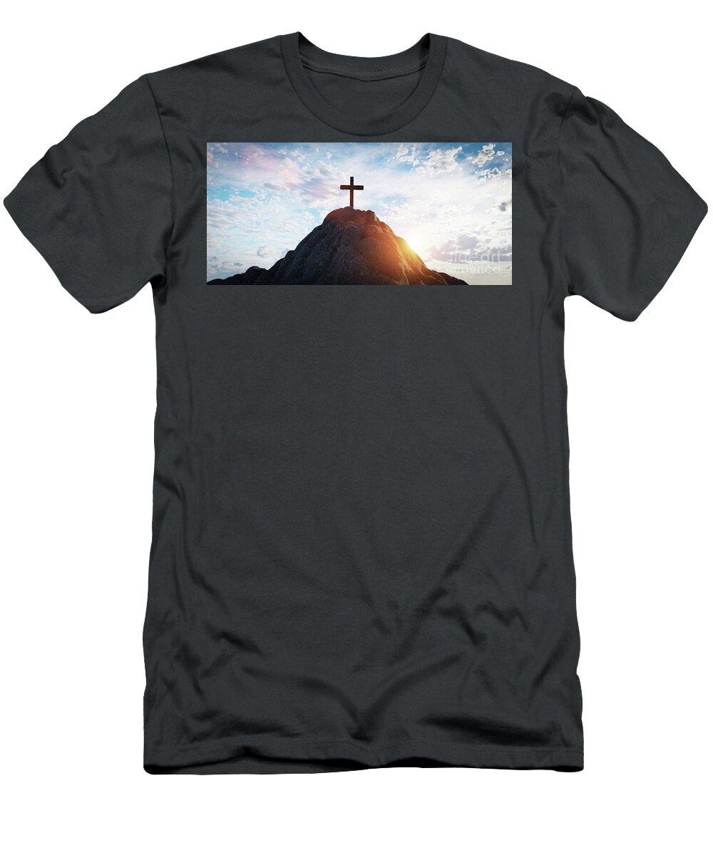 Cross T-Shirt featuring the photograph Cross on mountain peak at sunset christian religion #3 by Michal Bednarek