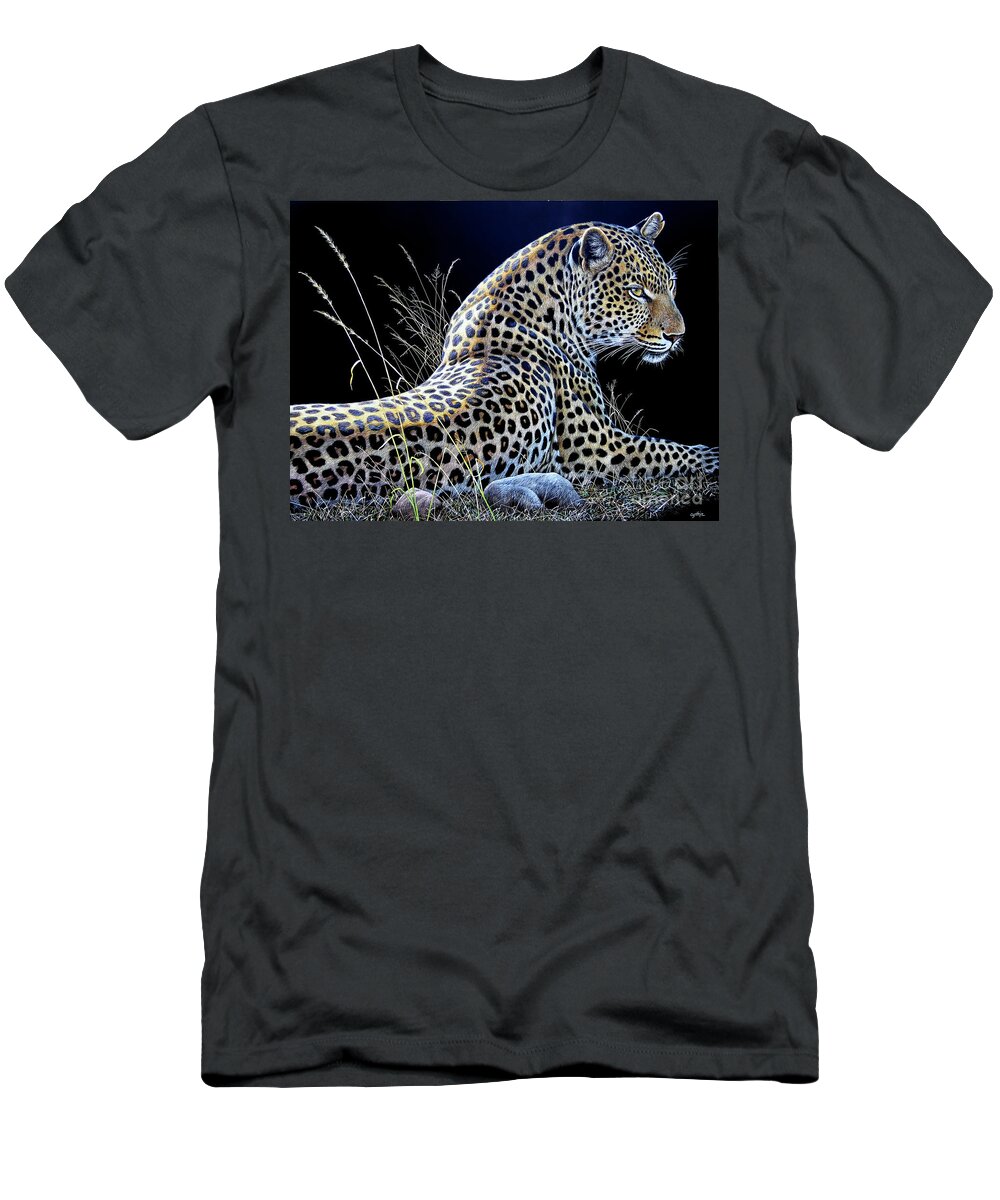 Cynthie Fisher African T-Shirt featuring the painting Leopard Scratch Board #3 by Cynthie Fisher