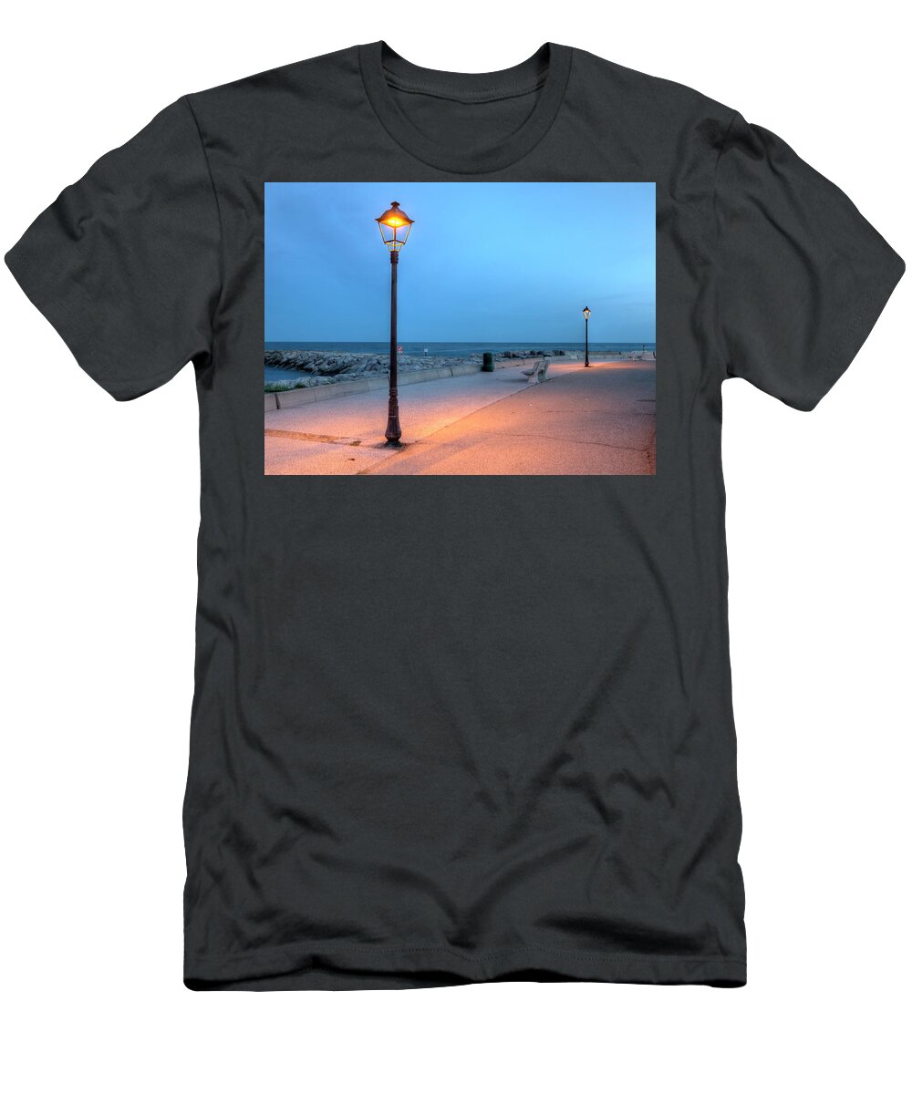 France T-Shirt featuring the photograph Promenade near the sea, Saintes-Maries-de-la-mer, France, HDR #3 by Elenarts - Elena Duvernay photo