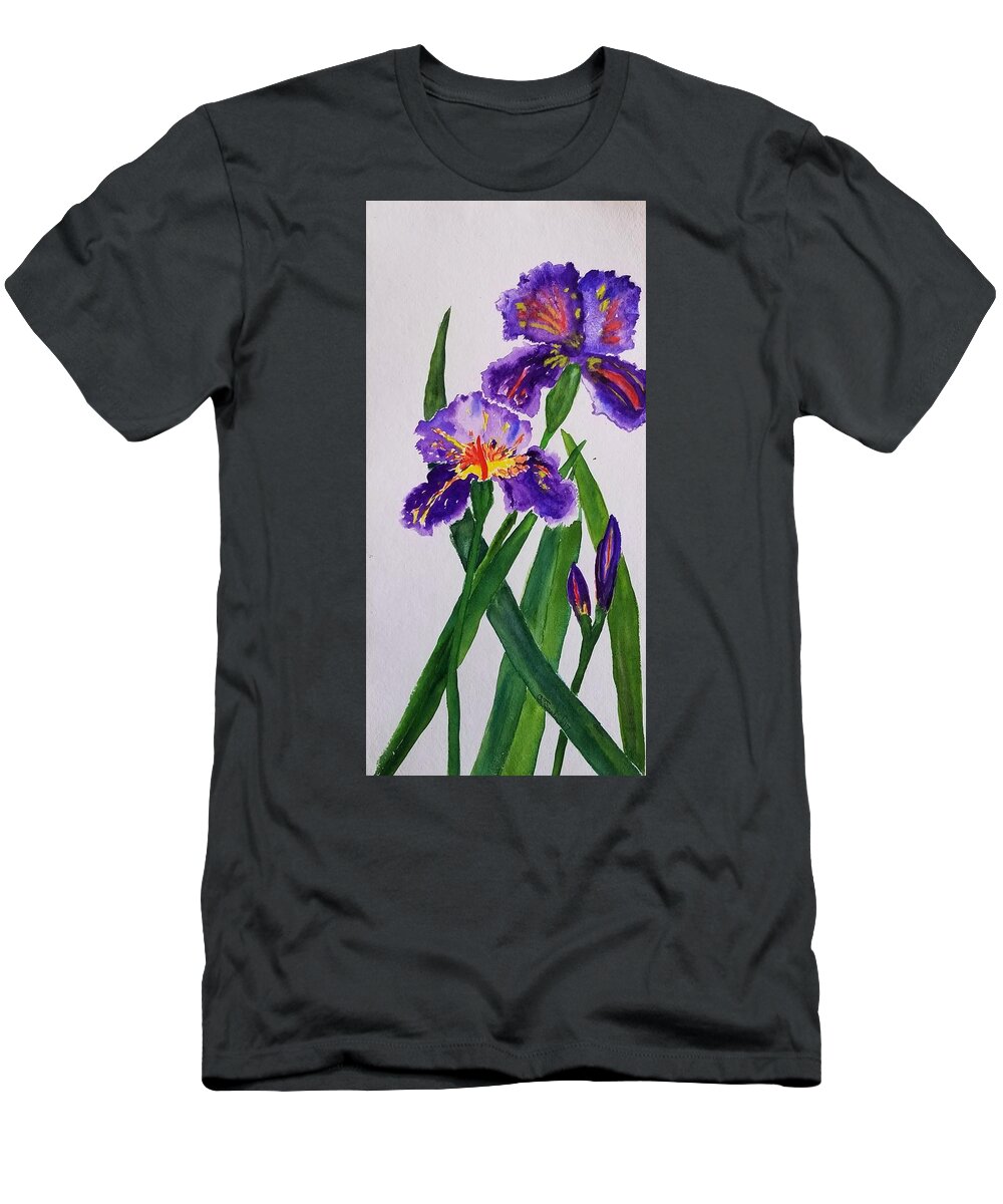 Purple Iris T-Shirt featuring the painting 3 Purple Irises by Ann Frederick
