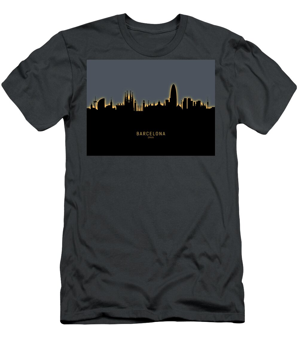 Barcelona T-Shirt featuring the digital art Barcelona Spain Skyline #32 by Michael Tompsett