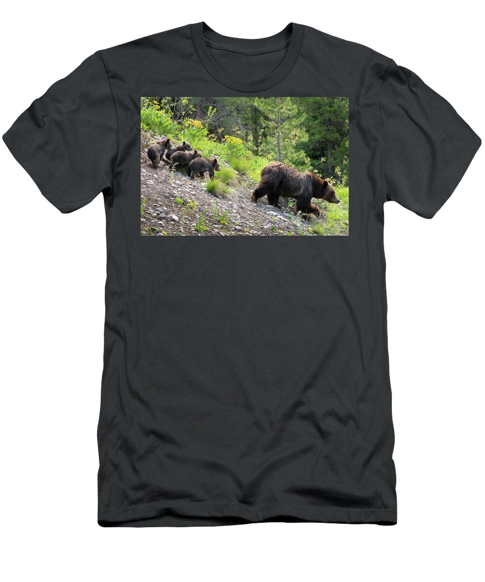 Bear T-Shirt featuring the photograph 4 Cubs with Mama Grizzly Bear #399 by Wesley Aston
