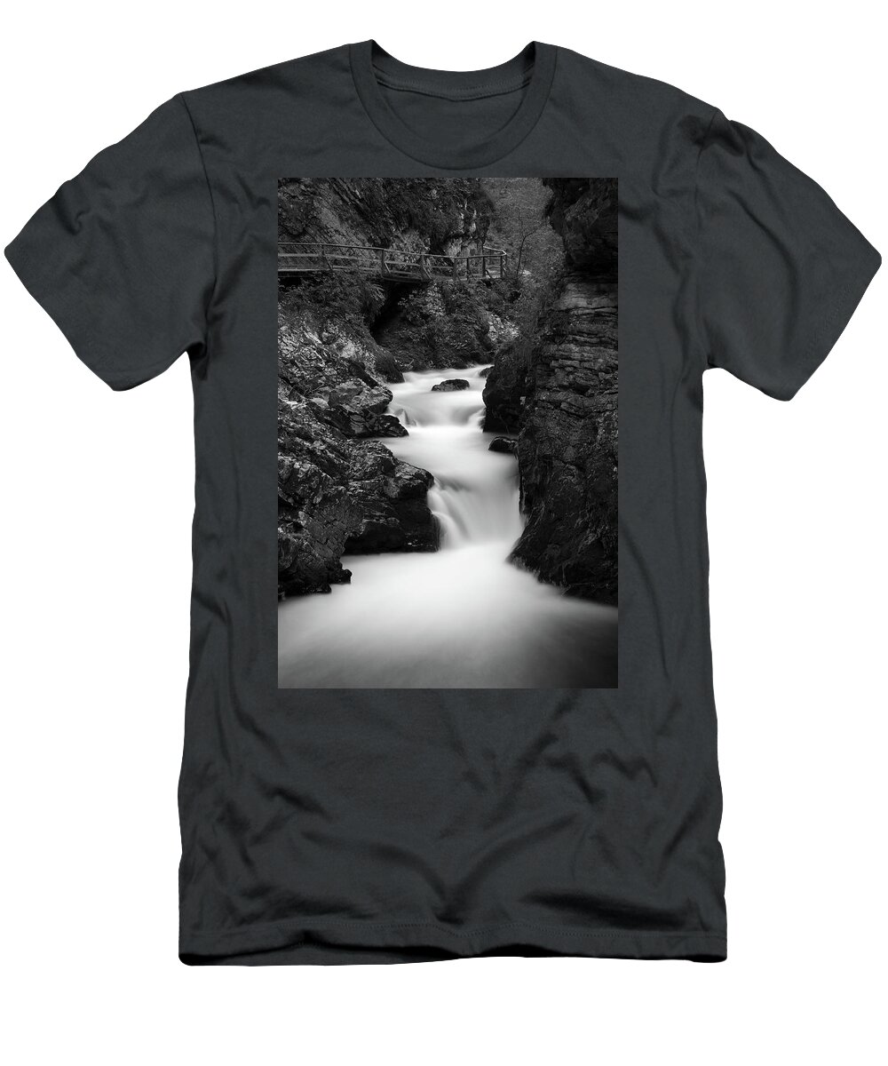 Soteska T-Shirt featuring the photograph The Soteska Vintgar gorge in Black and White #4 by Ian Middleton