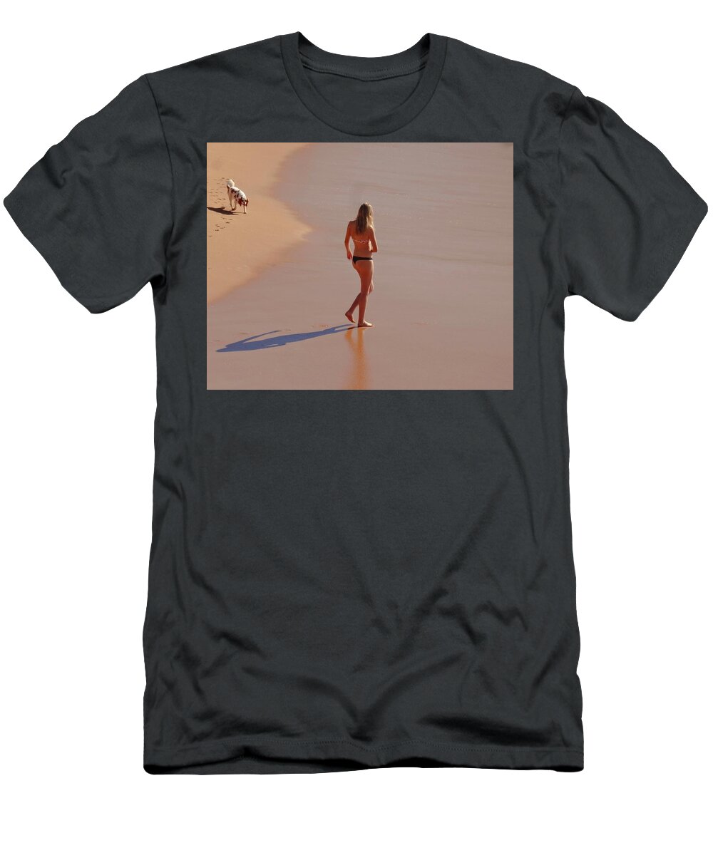 Beach T-Shirt featuring the photograph A Beauty and The Dog by Andre Petrov