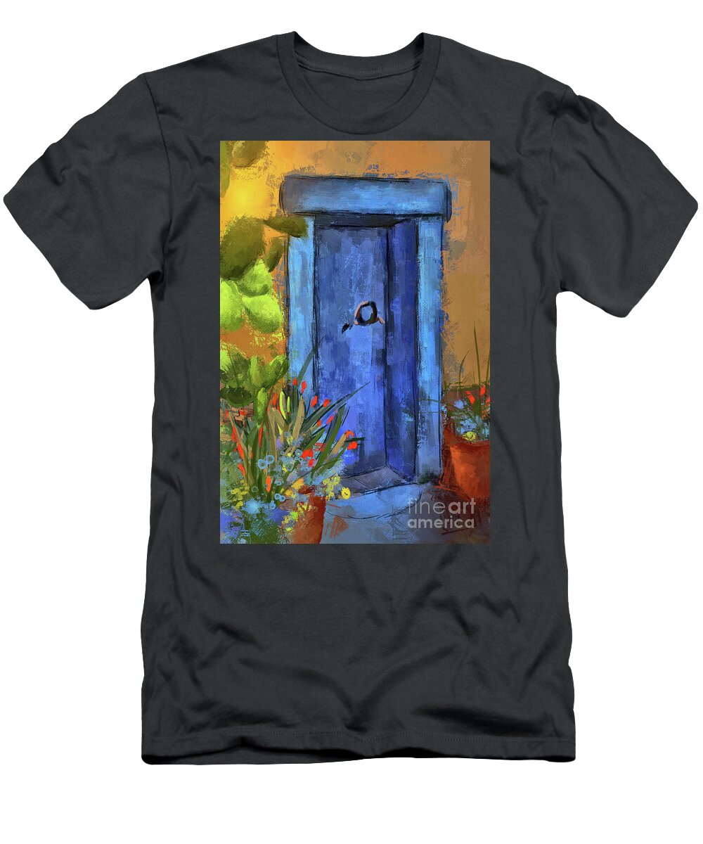 Tucson T-Shirt featuring the digital art A Blue Door At The Barrio by Lois Bryan