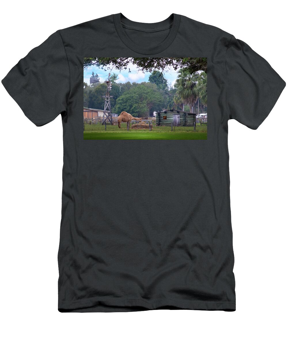 Camel T-Shirt featuring the photograph A Camel, A Windmill, And A Log Cabin by Mark Andrew Thomas