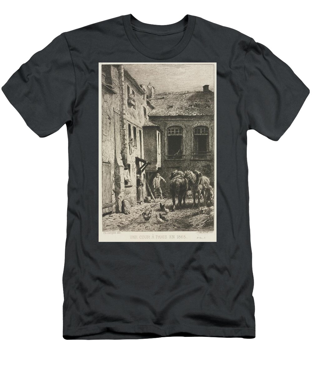 A Courtyard In Paris 1865 Charles Jacque French 1813 To 1894 T-Shirt featuring the painting A Courtyard in Paris 1865 Charles Jacque French 1813 to 1894 by MotionAge Designs