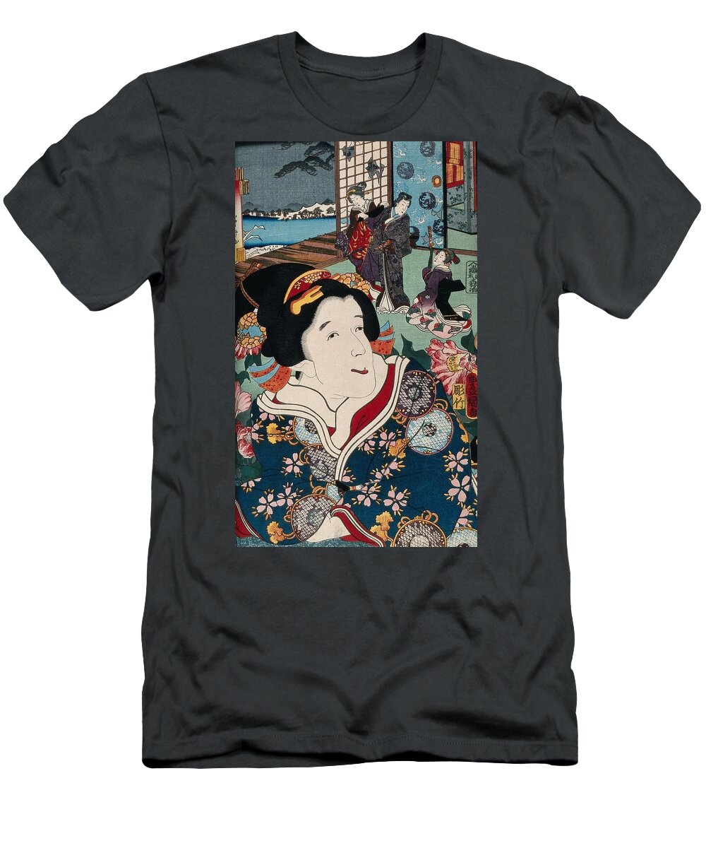 A Female Role Actor With A Scene Of Modern Dress Genji Behind. Colour Woodcut By Kunisada T-Shirt featuring the painting A female role actor with a scene of modern dress Genji behind. Colour woodcut by Kunisada, 1852 by Artistic Rifki