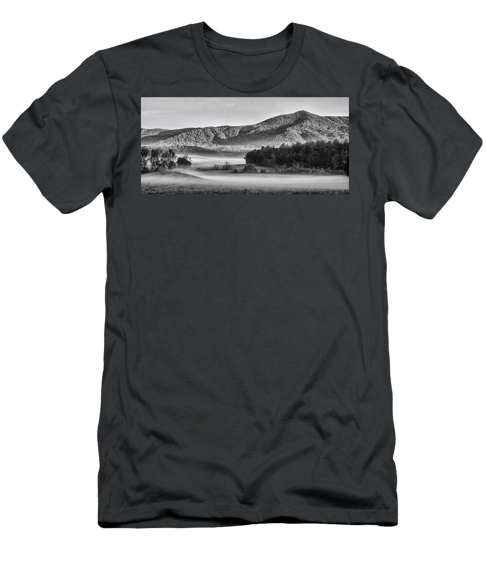 Great Smoky Mountains T-Shirt featuring the photograph A Foggy Cades Cove Morning by Bob Decker
