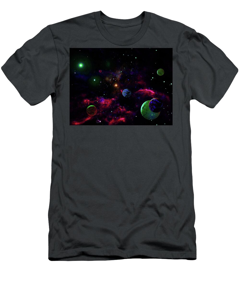 Fantasy Background T-Shirt featuring the digital art A Gathering of Planets Space Background by Don White Artdreamer