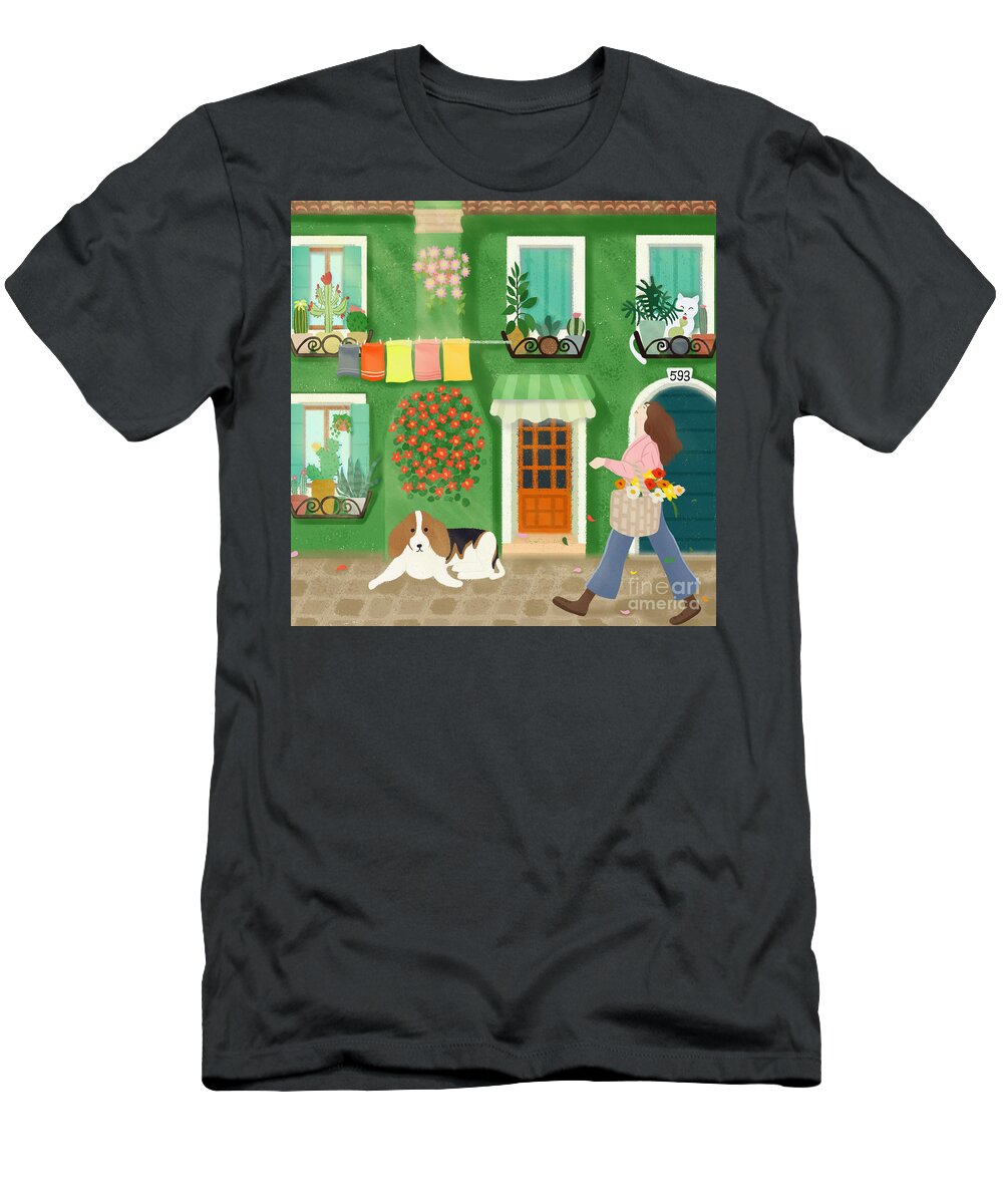 Houses T-Shirt featuring the drawing A girl with a basket of flowers by Min Fen Zhu