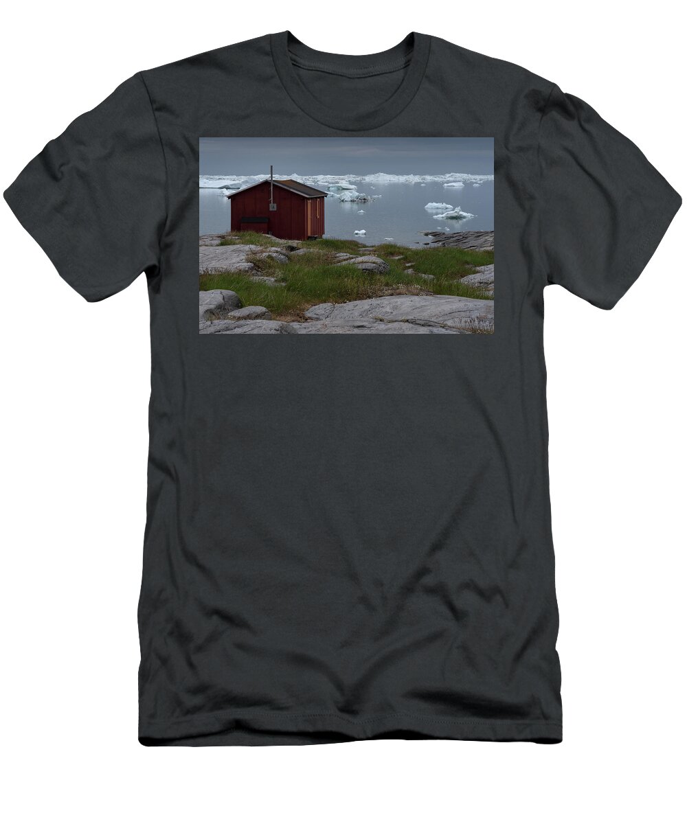 Hut T-Shirt featuring the photograph A hut in Disco bay, Greenland by Anges Van der Logt