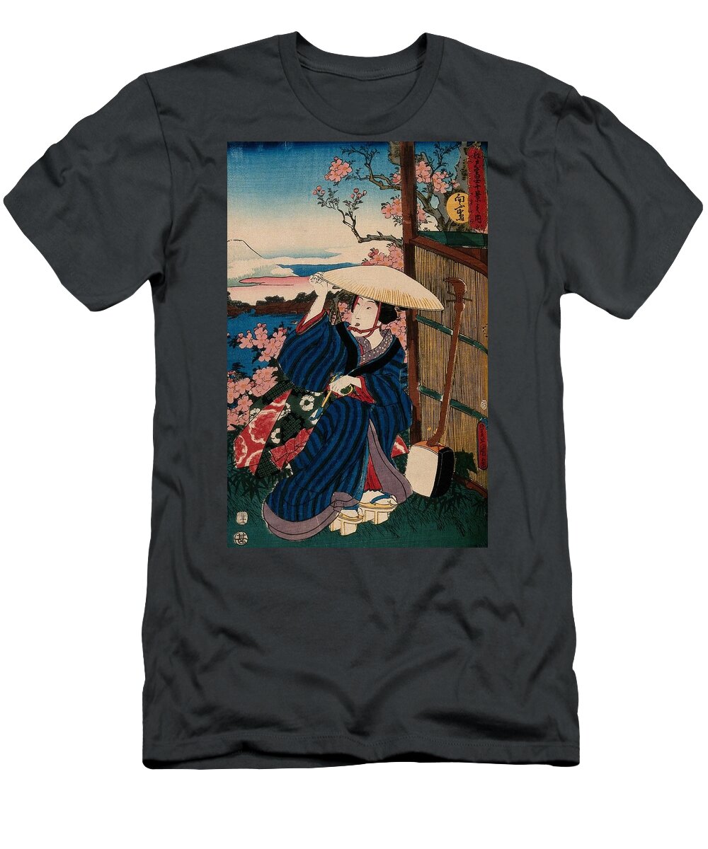 A Kneeling Woman In A Broad Straw Hat T-Shirt featuring the painting A kneeling woman in a broad by Artistic Rifki