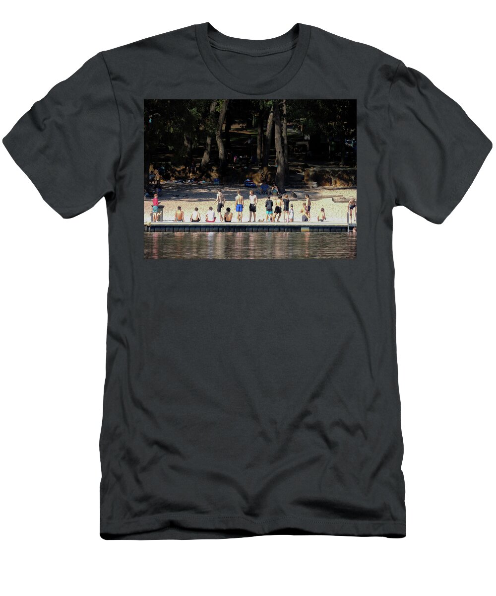  T-Shirt featuring the photograph A line of sun lovers on the banks of Lake Leschenaultia, Western by Jeremy Holton