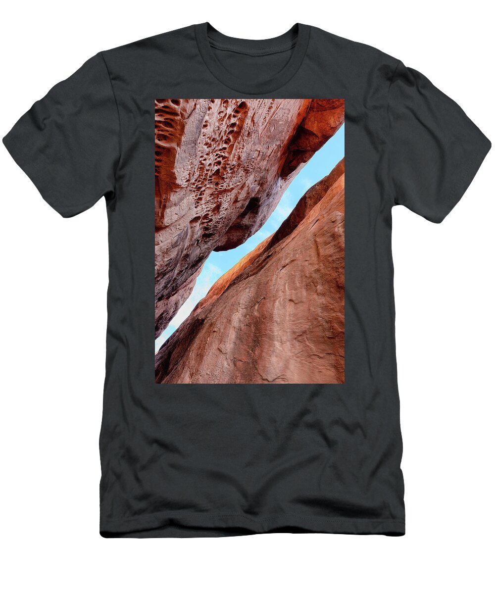 Arches National Park T-Shirt featuring the photograph A Rock and a Hard Place by Larey McDaniel