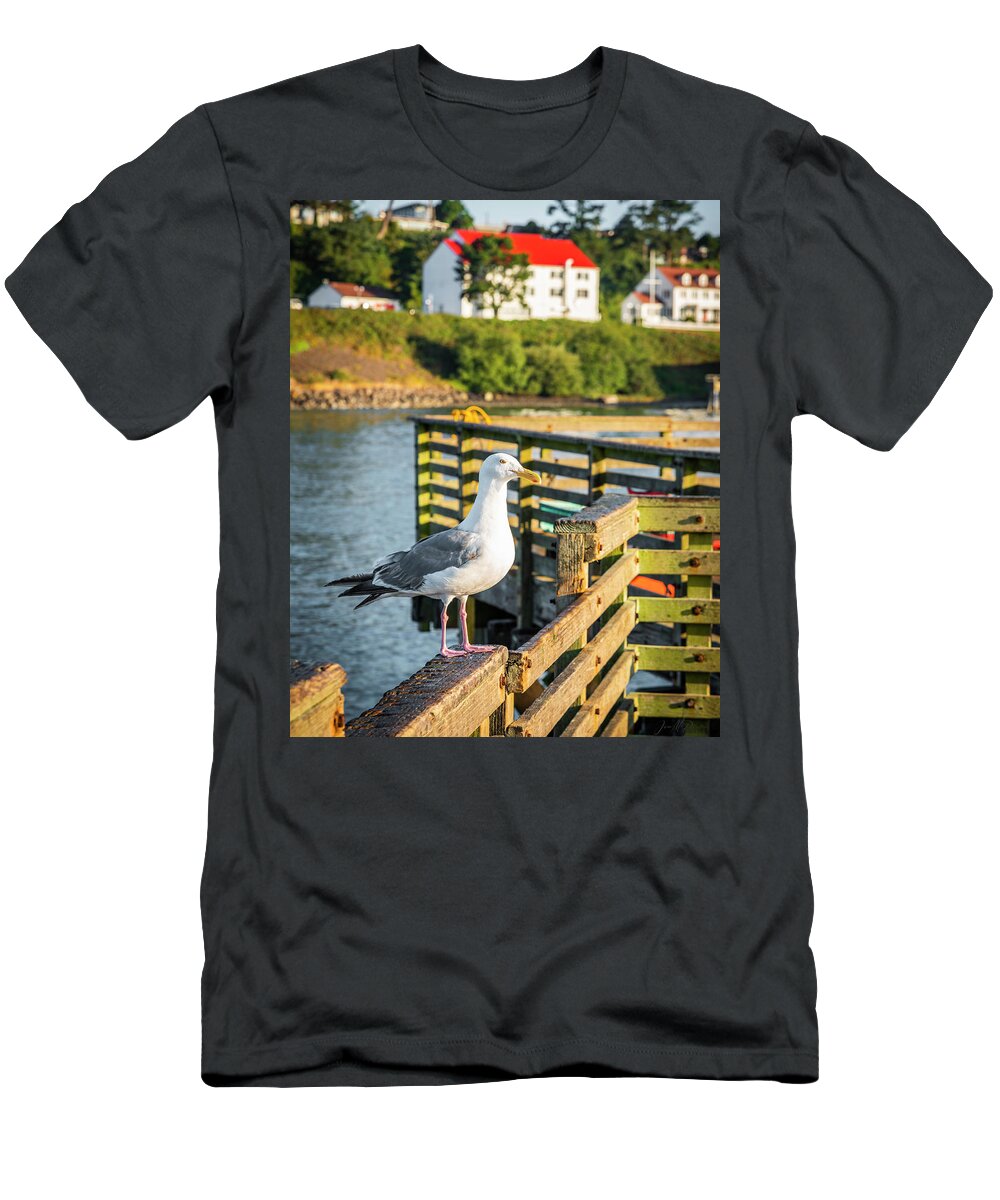 Bay T-Shirt featuring the photograph A seagull Standing on a Fishing Dock In Newport, Oregon Coast by Jason McPheeters