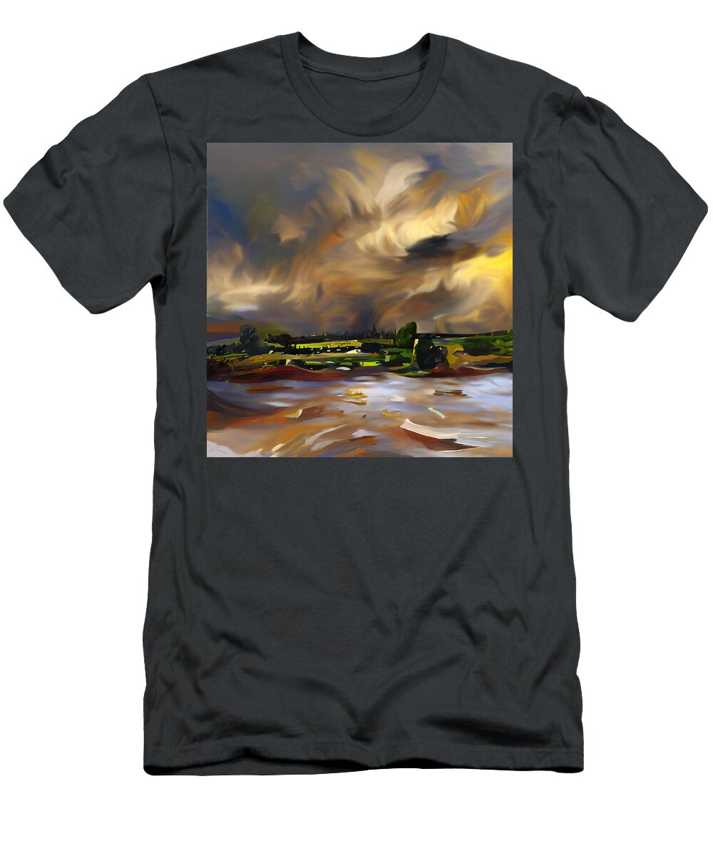 Gibsmere Landscape T-Shirt featuring the mixed media A Storm over Gibsmere and the River Trent by Ann Leech