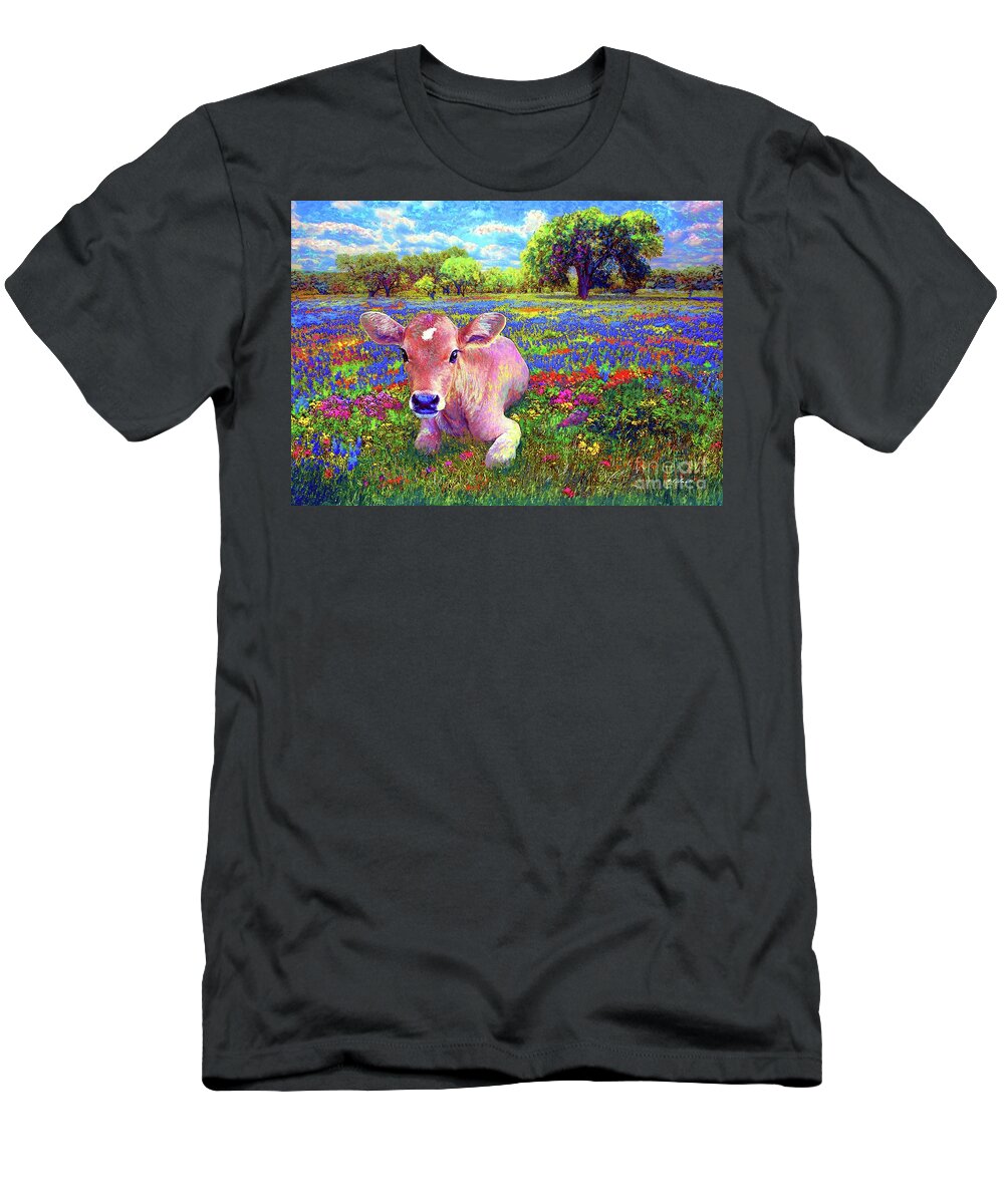 Floral T-Shirt featuring the painting A Very Content Cow by Jane Small