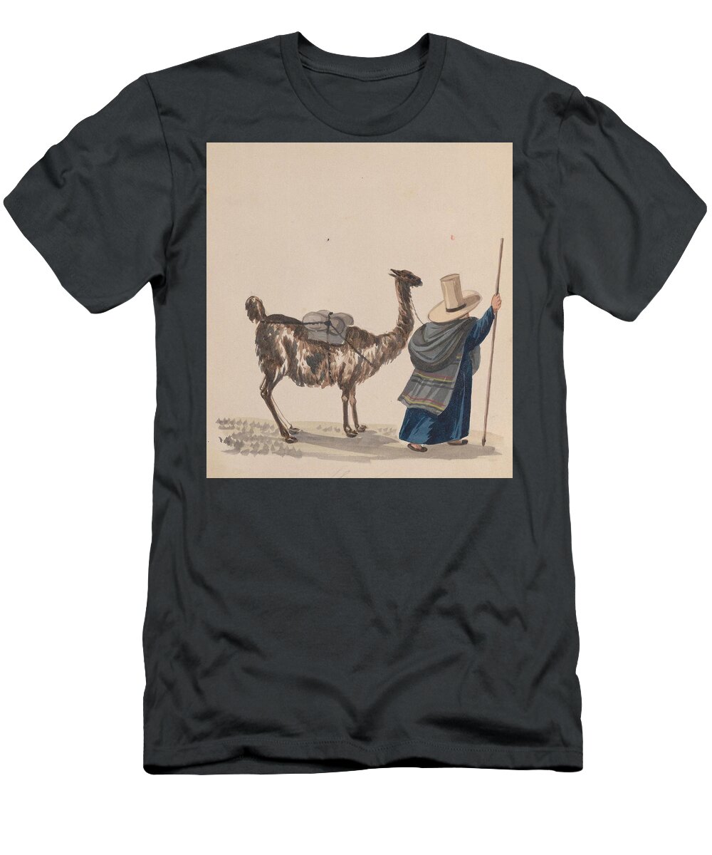  T-Shirt featuring the drawing A woman walking with a Llama ca by Francisco Fierro Peruvian