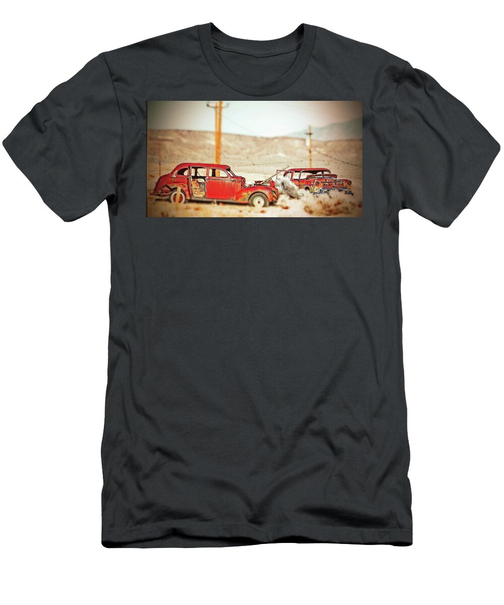  T-Shirt featuring the digital art Abandon Cars In Goldfield,NV Tilt-shift by Fred Loring