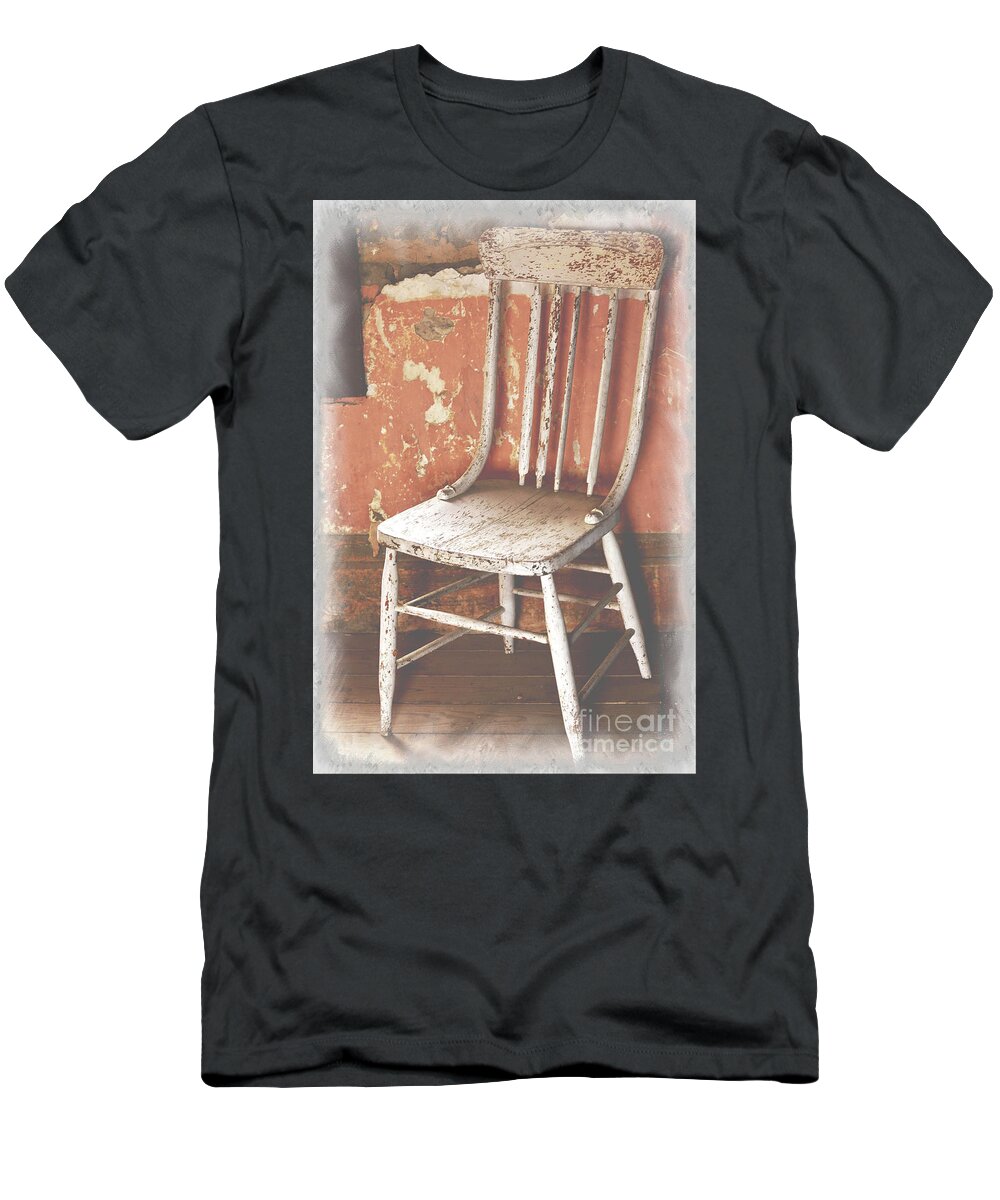 Chair T-Shirt featuring the mixed media Abandoned Chair, Remnant Wall by Kae Cheatham