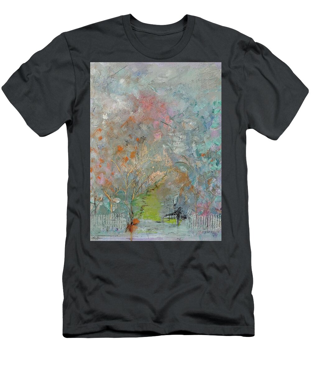 Landscape T-Shirt featuring the painting Abstract Landscape with Fence by Lisa Kaiser