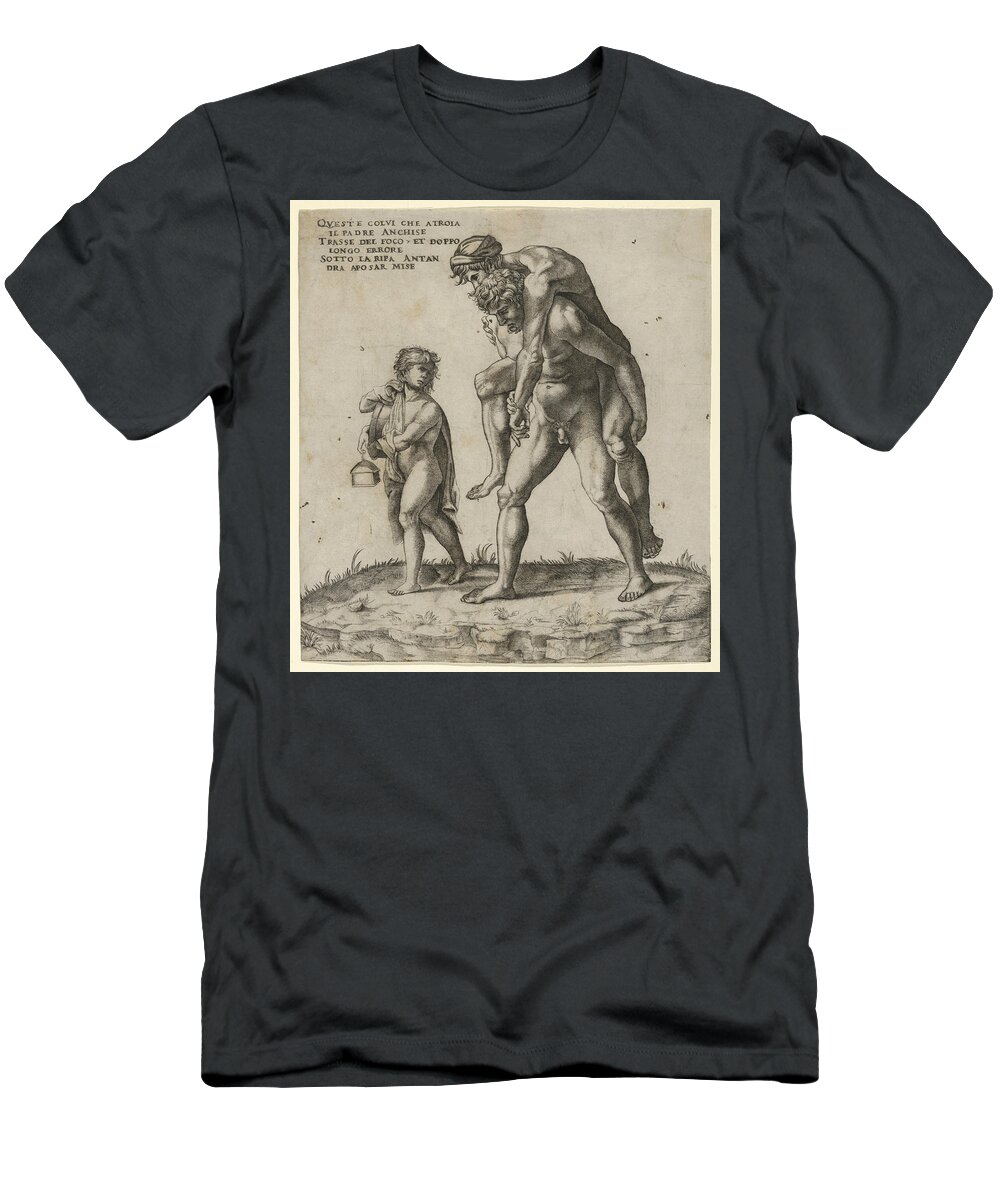 Giovanni Jacopo Caraglio T-Shirt featuring the drawing Aeneas rescuing Anchises, a young boy carrying a lantern at left by Giovanni Jacopo Caraglio