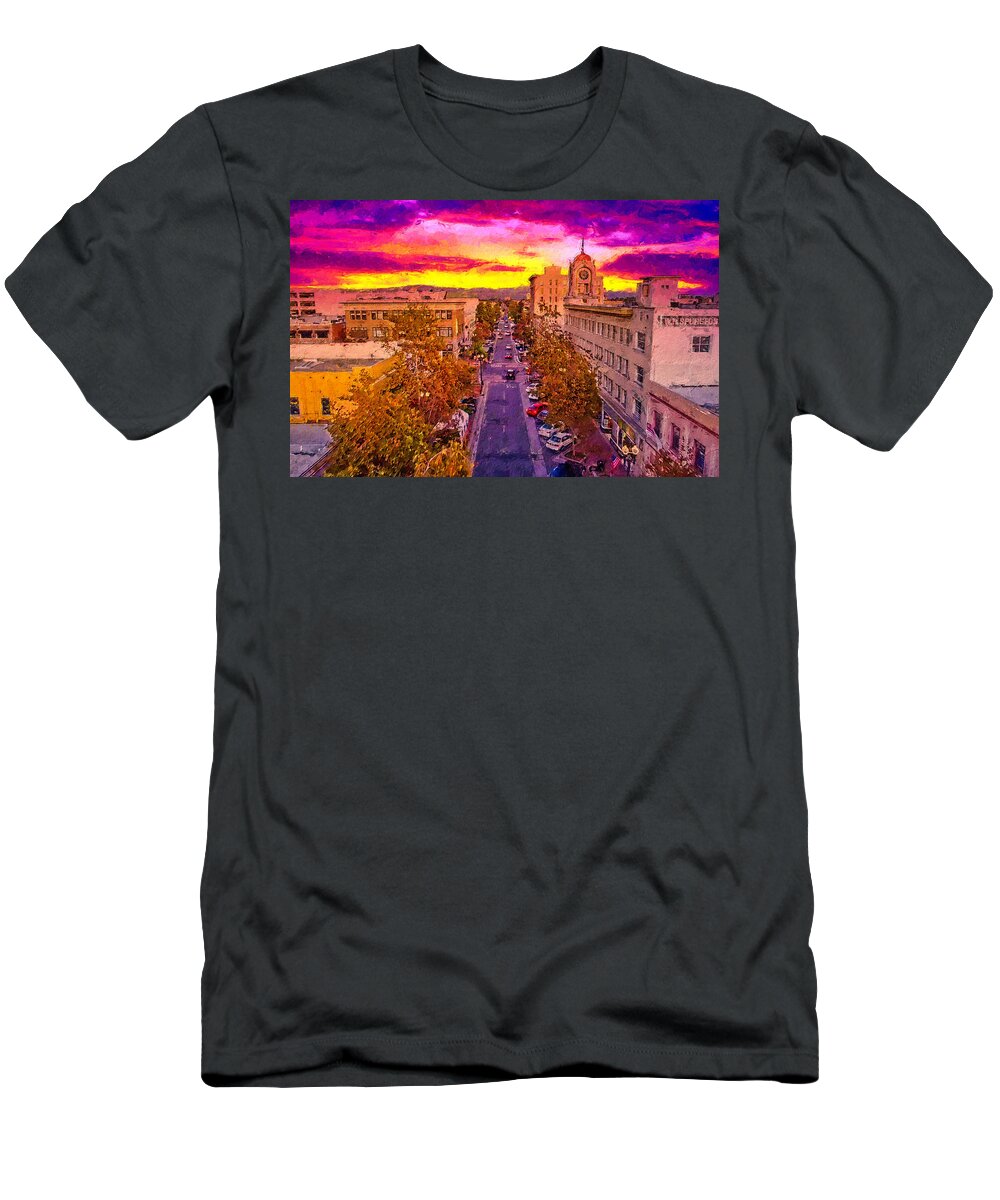 W 4th Street T-Shirt featuring the digital art Aerial view of W 4th Street in downtown Santa Ana - digital painting by Nicko Prints