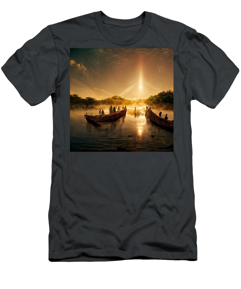 African Villagers In Dhow Boats Floating Over The Water  52f14fbc D4f1 4646 B5f4 D48f1da67116 Contemporary T-Shirt featuring the painting African Villagers In Dhow Boats Floating Over The Water  52f14fbc D4f1 4646 B5f4 D48f1 by Celestial Images