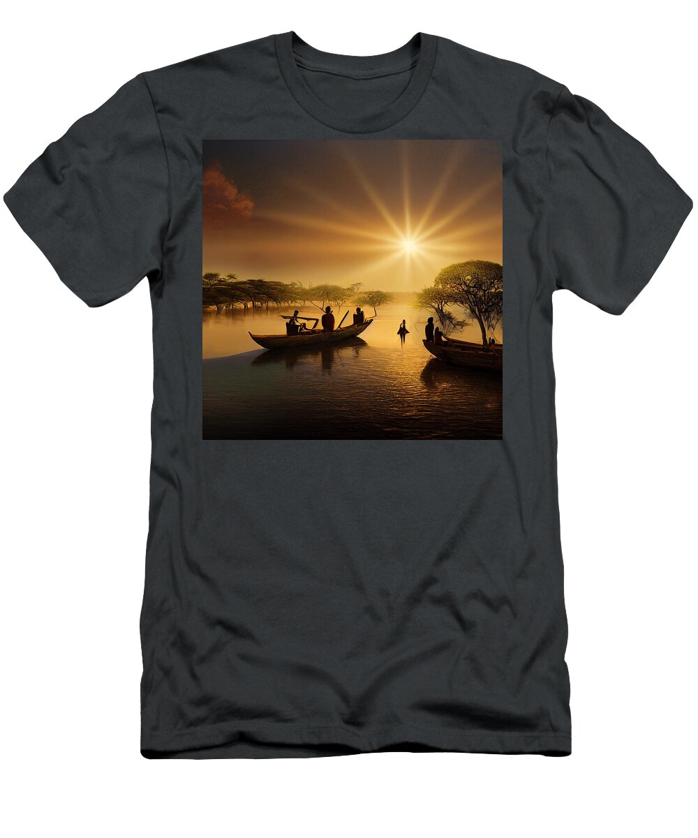 African Villagers In Dhow Boats Floating Over The Water  6afa8424 6d44 4646 A66e 54b4171cb816 Contemporary T-Shirt featuring the painting African Villagers In Dhow Boats Floating Over The Water  6afa8424 6d44 4646 A66e 54b41 by Celestial Images