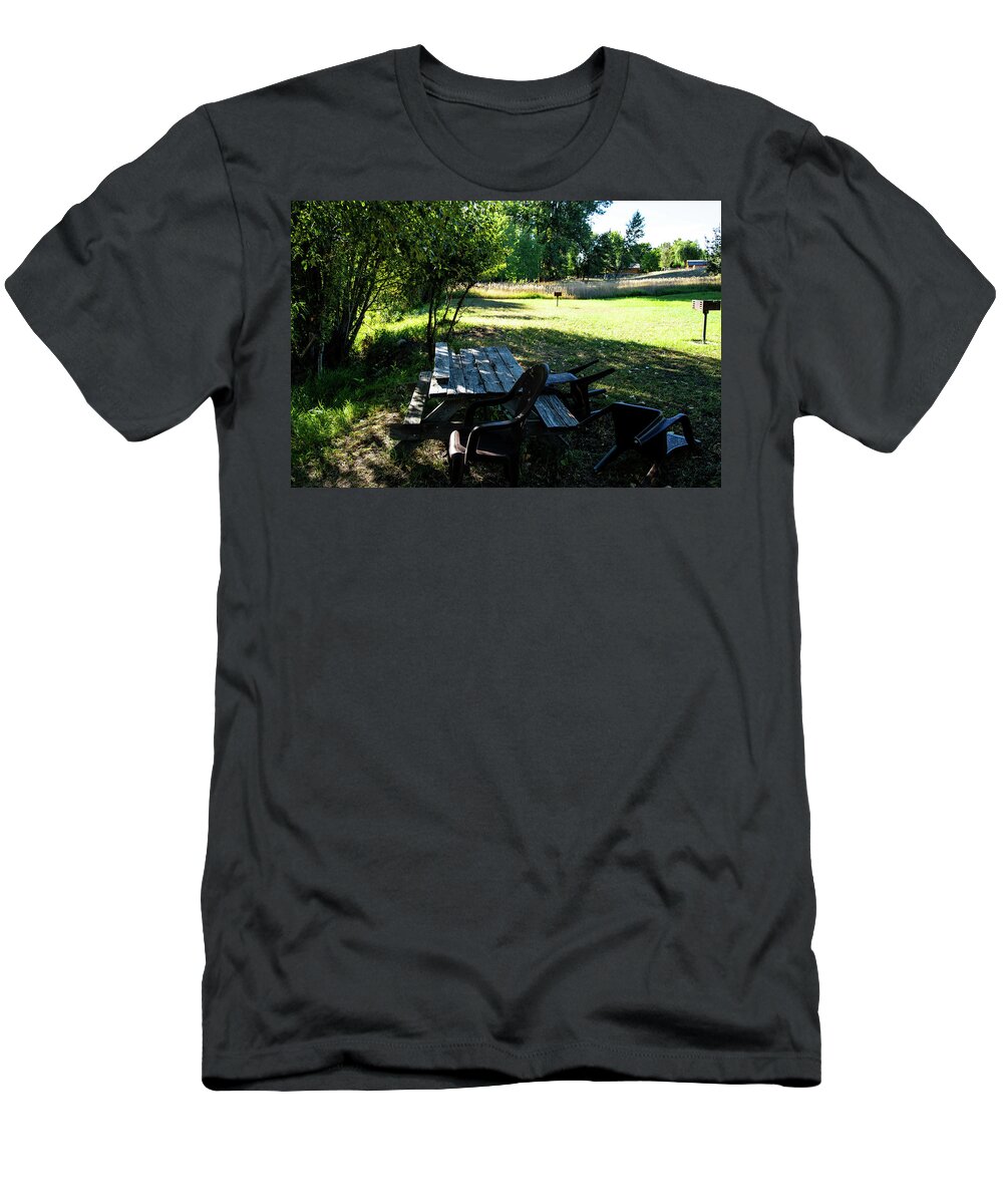 Aging Public Table T-Shirt featuring the photograph Aging Picnic Table by Tom Cochran