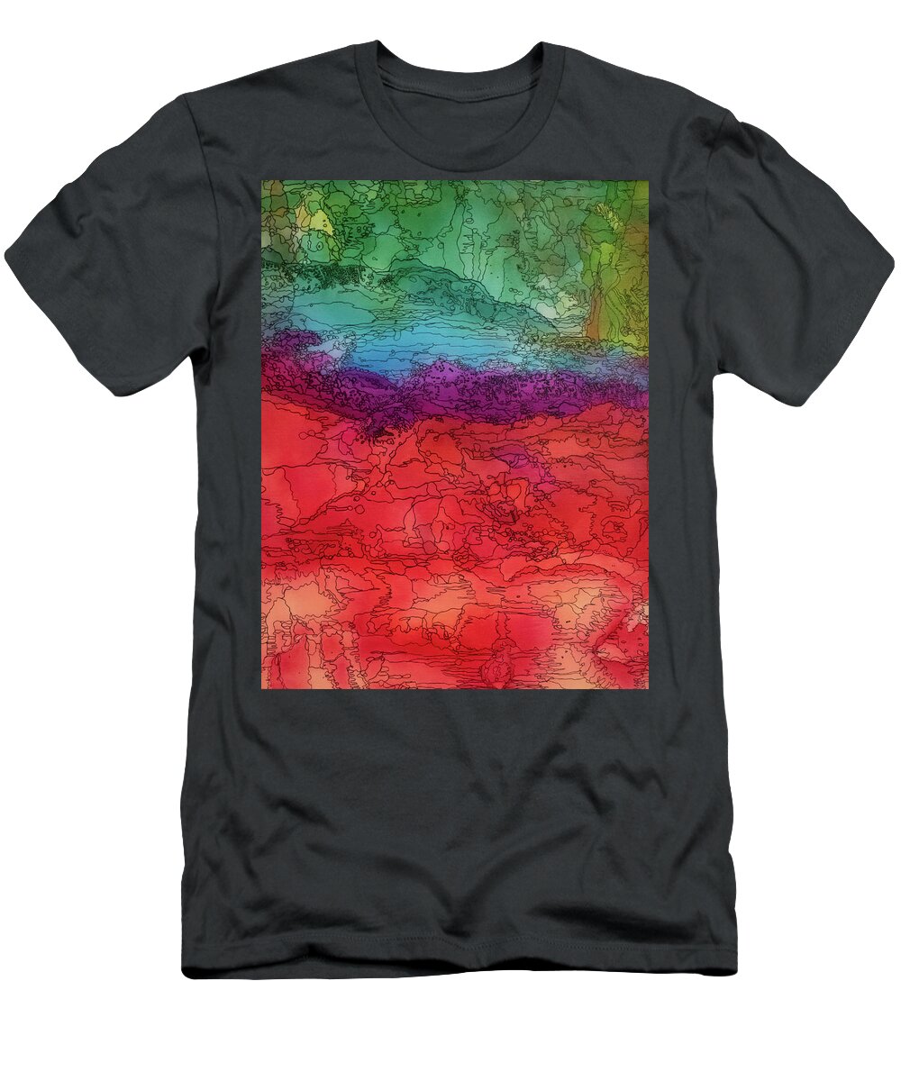 Red T-Shirt featuring the mixed media Alcohol Landscape by Aimee Bruno
