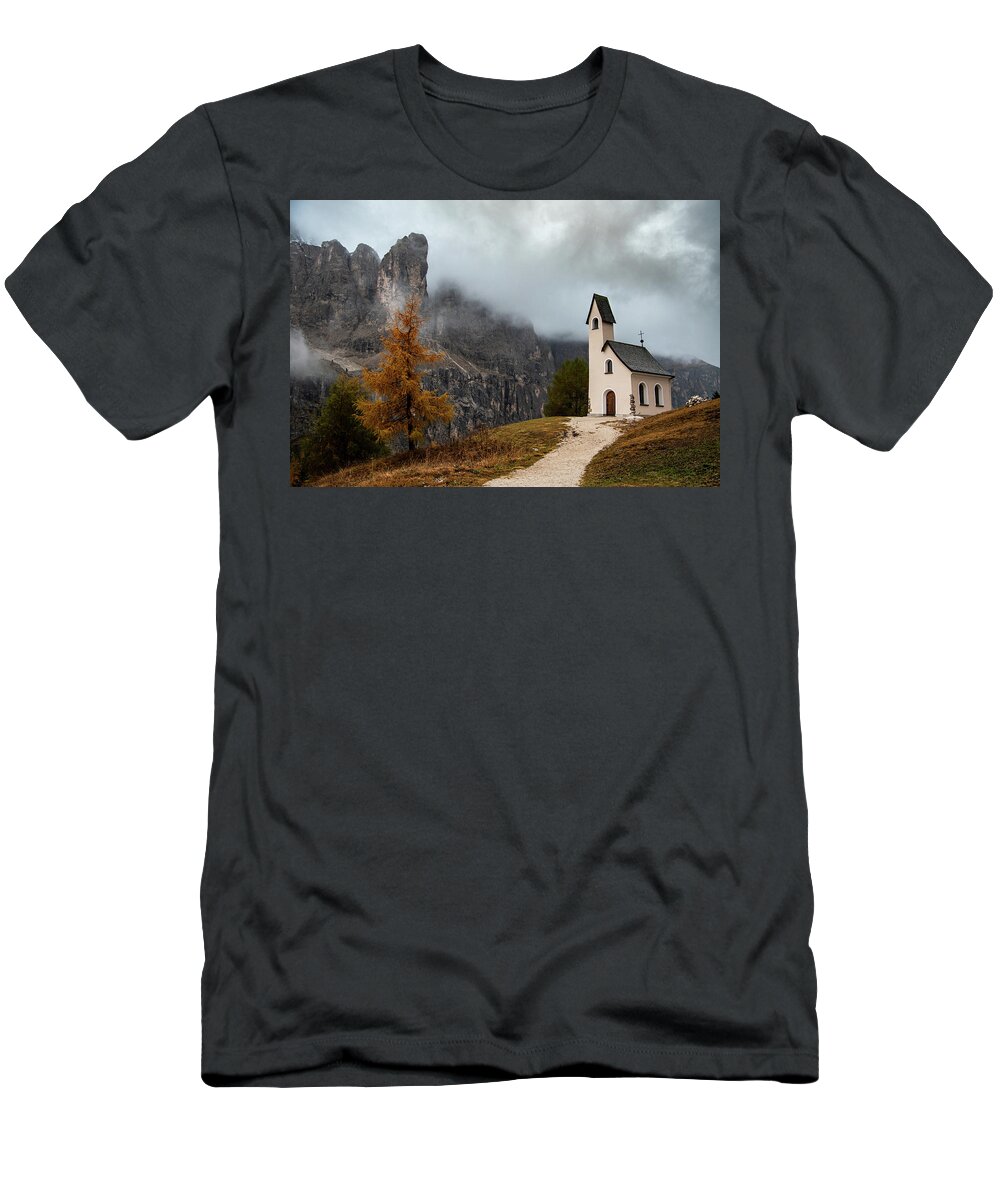 Alpine T-Shirt featuring the photograph Alpine church early in the morning in mist by Michalakis Ppalis