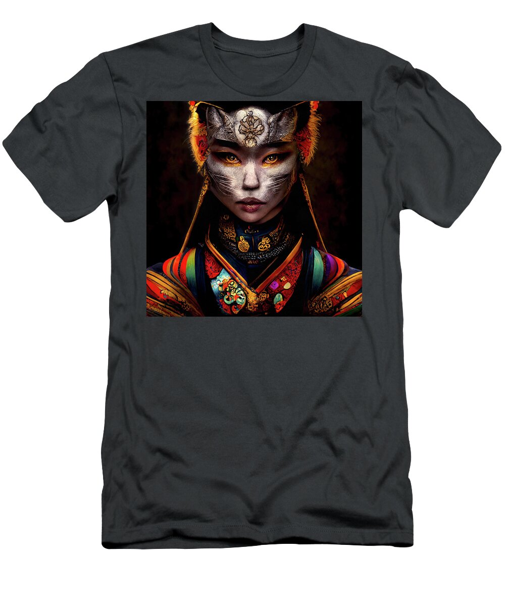 Warriors T-Shirt featuring the digital art Amala the Tibetan Cat Woman Warrior by Peggy Collins