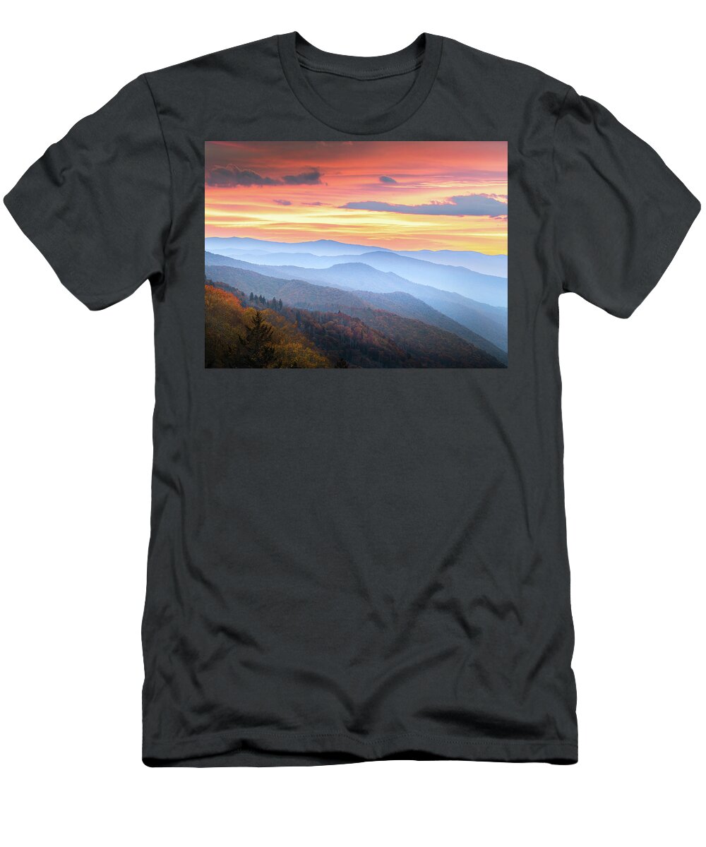 Oconaluftee Valley T-Shirt featuring the photograph Amazing Autumn Sunrise In Smoky Mountain National Park by Jordan Hill