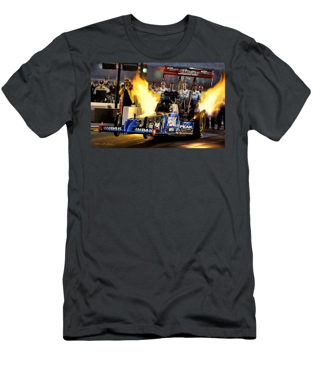 Drag Racing Nhra Top Fuel Funny Car John Force Kenny Youngblood Nitro Champion March Meet Images Image Race Track Fuel Tj Zizzo T-Shirt featuring the painting AmaZZing by Kenny Youngblood