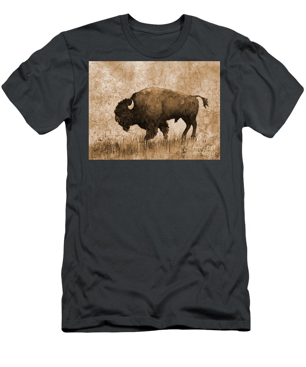 Bison T-Shirt featuring the painting American Buffalo 5 in sepia tone by Hailey E Herrera