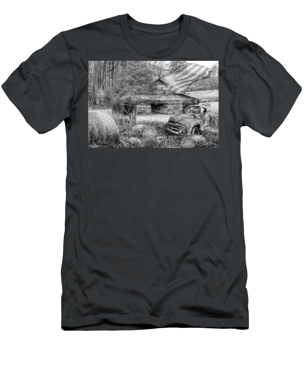 Truck T-Shirt featuring the photograph American Country Farm Black and White by Debra and Dave Vanderlaan