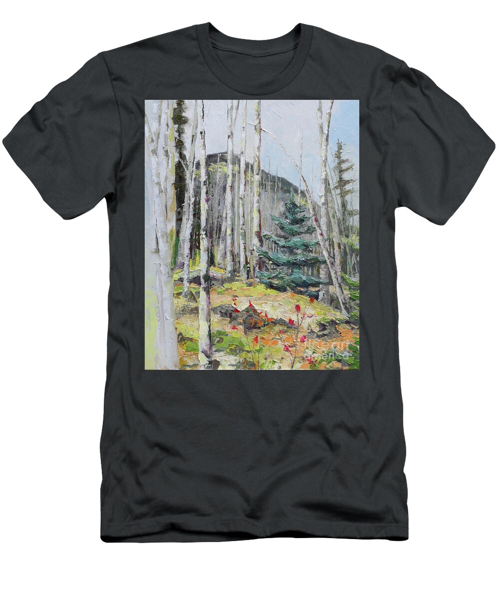 Aspen T-Shirt featuring the painting Among the Aspen, 2018 by PJ Kirk