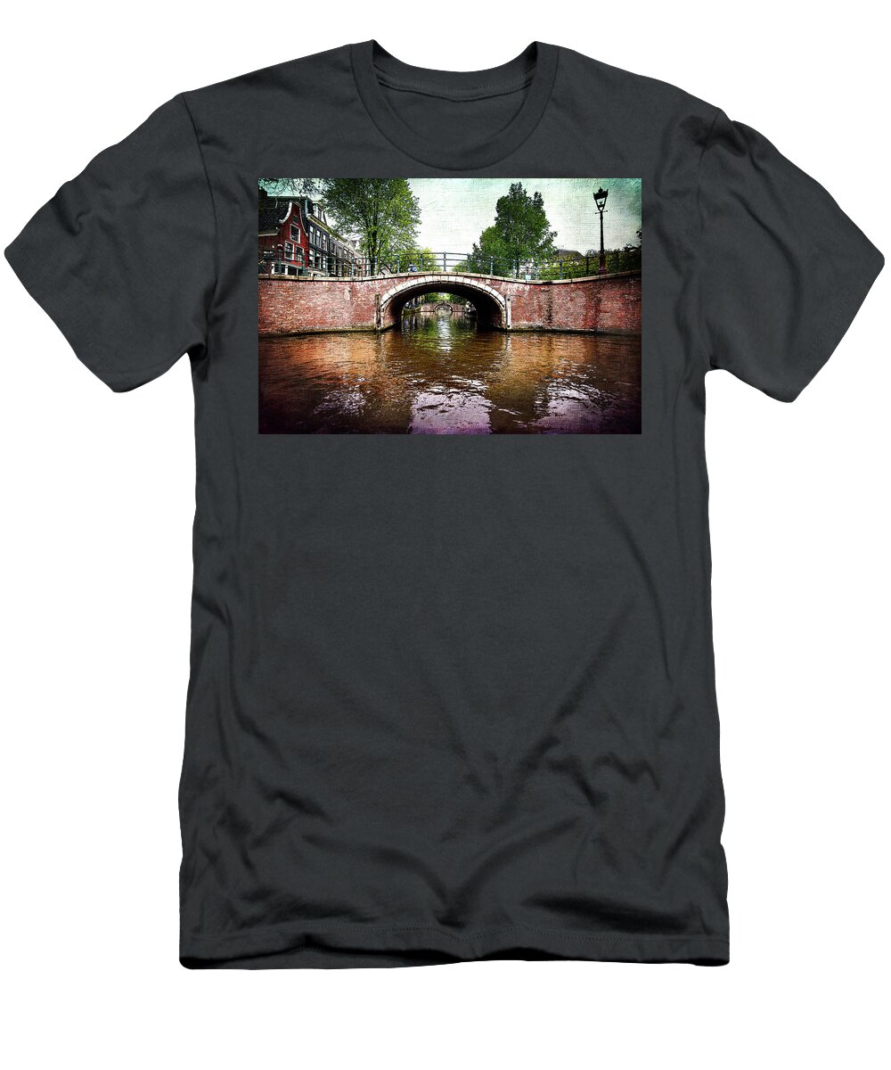 Amsterdam T-Shirt featuring the photograph Amsterdam-Bridges Over the Canal textured by Judy Wolinsky