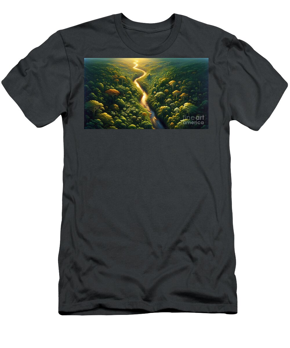 Aerial T-Shirt featuring the painting An aerial view of a lush tropical rainforest with a river snaking through it by Jeff Creation