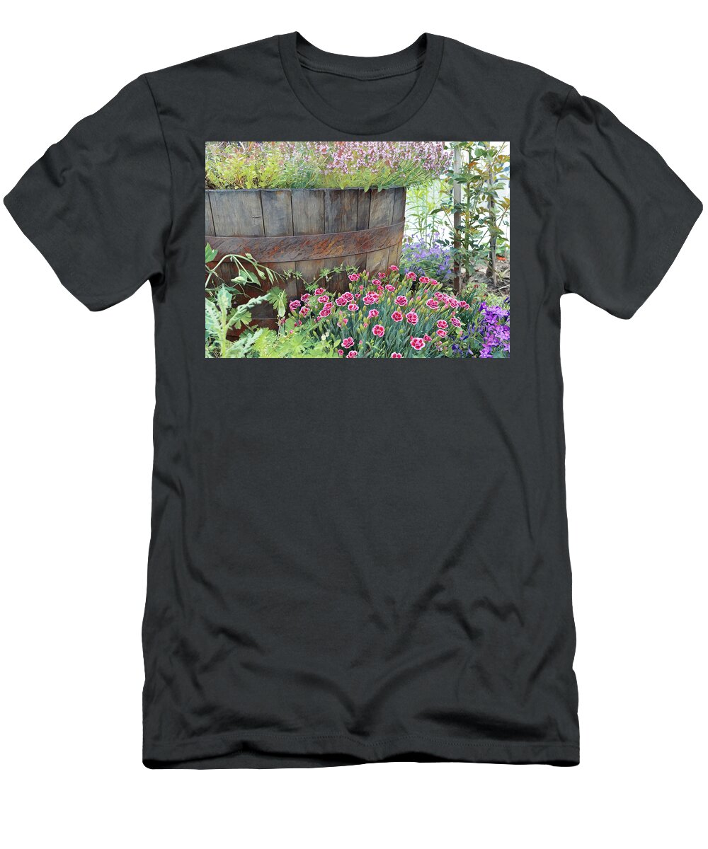 Barrel T-Shirt featuring the painting An old, rusty wooden barrel full of flowers by Patricia Piotrak