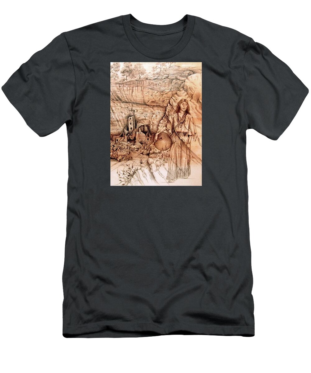 Anasazi T-Shirt featuring the drawing Anasazi Maiden by Pamela Kirkham