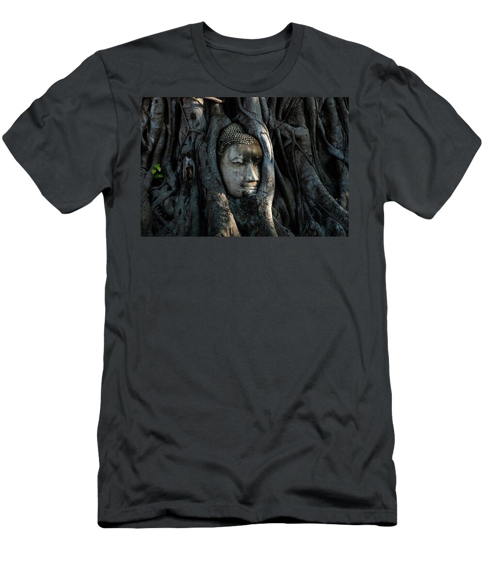 Buddha T-Shirt featuring the photograph The Fallen Kingdom - Buddha Statue, Wat Mahathat, Thailand by Earth And Spirit