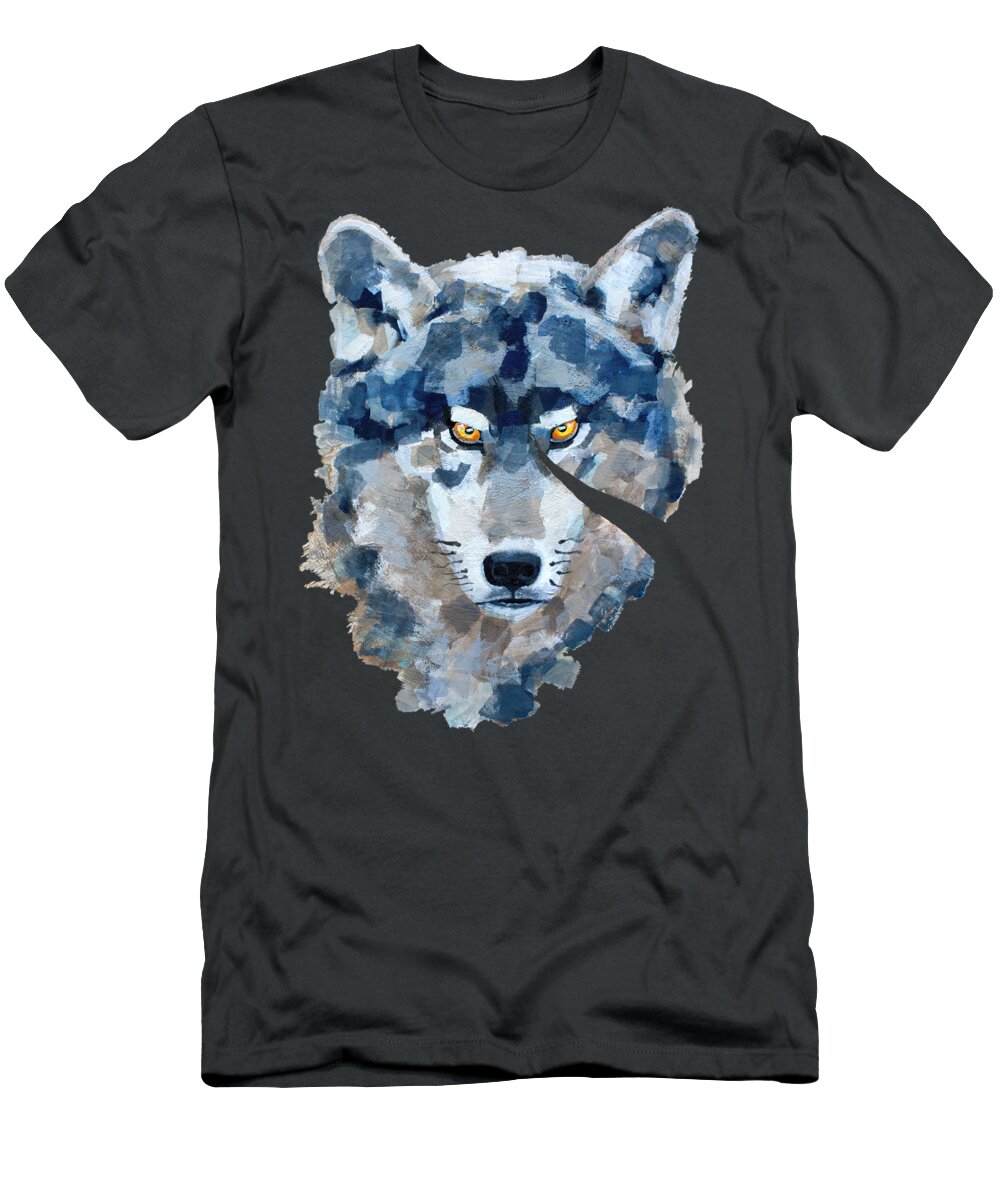 Angry T-Shirt featuring the mixed media Angry Silver Wolf With A Scar by Laura Aitmane