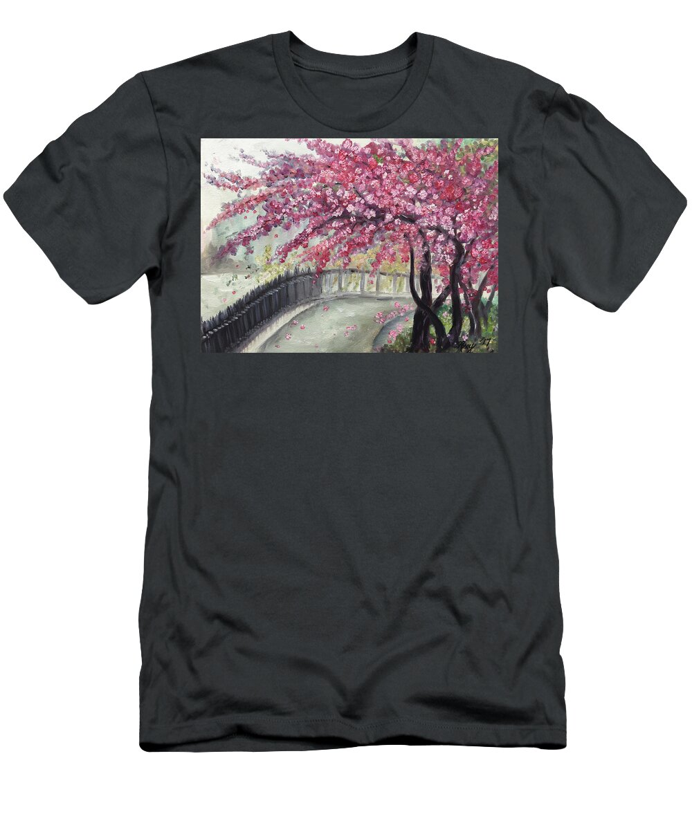 Paris T-Shirt featuring the painting April in Paris Cherry Blossoms by Roxy Rich