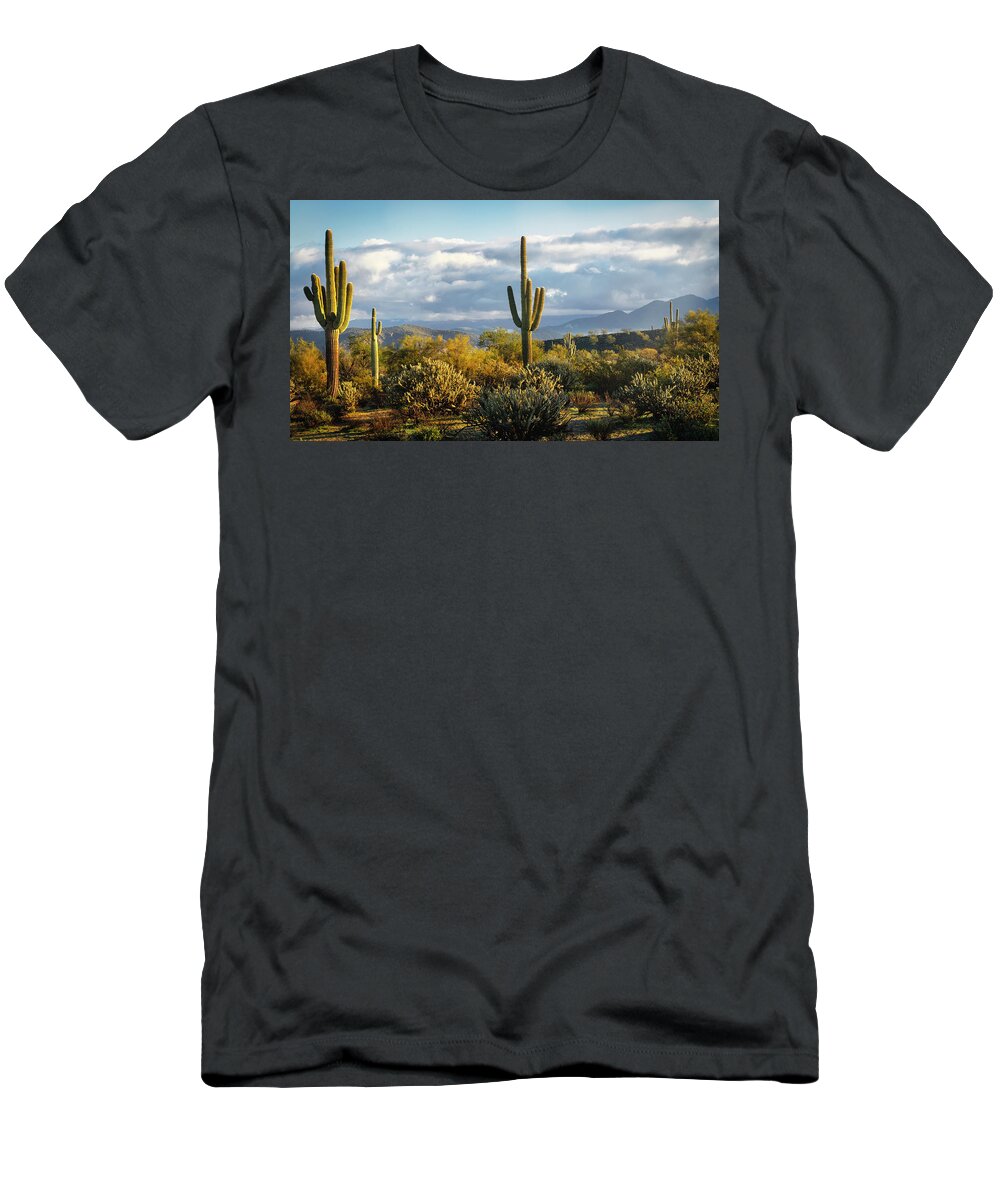 Saguaro Sunrise T-Shirt featuring the photograph As The Desert Awakens by Saija Lehtonen