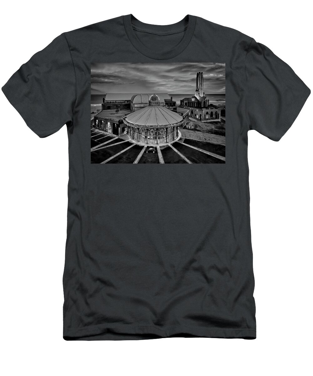 Asbury Park T-Shirt featuring the photograph Asbury Park Carousel Aerial NJ BW by Susan Candelario