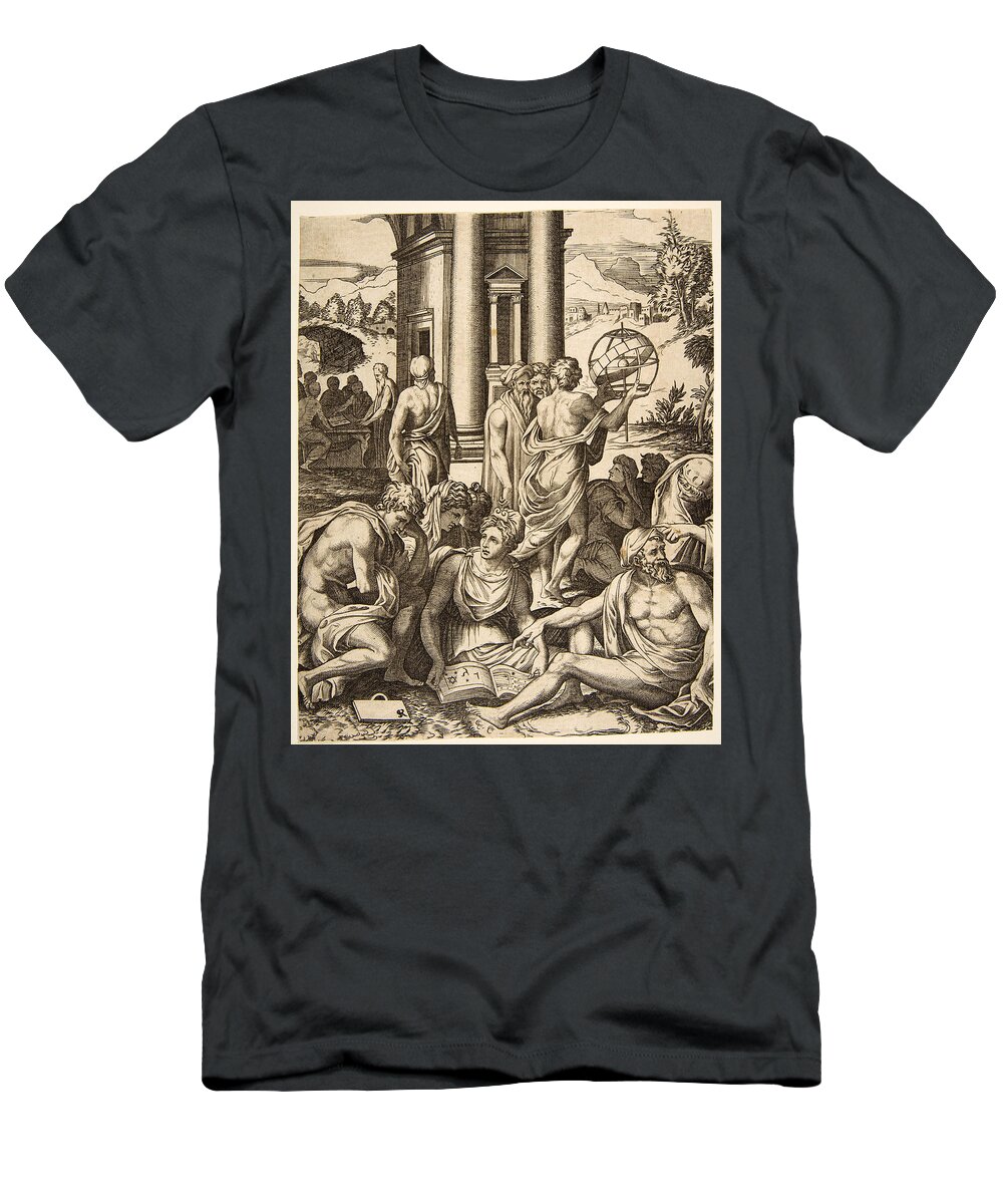 Marco Dente T-Shirt featuring the drawing Assembly of male and female scholars gathered around an open book by Marco Dente