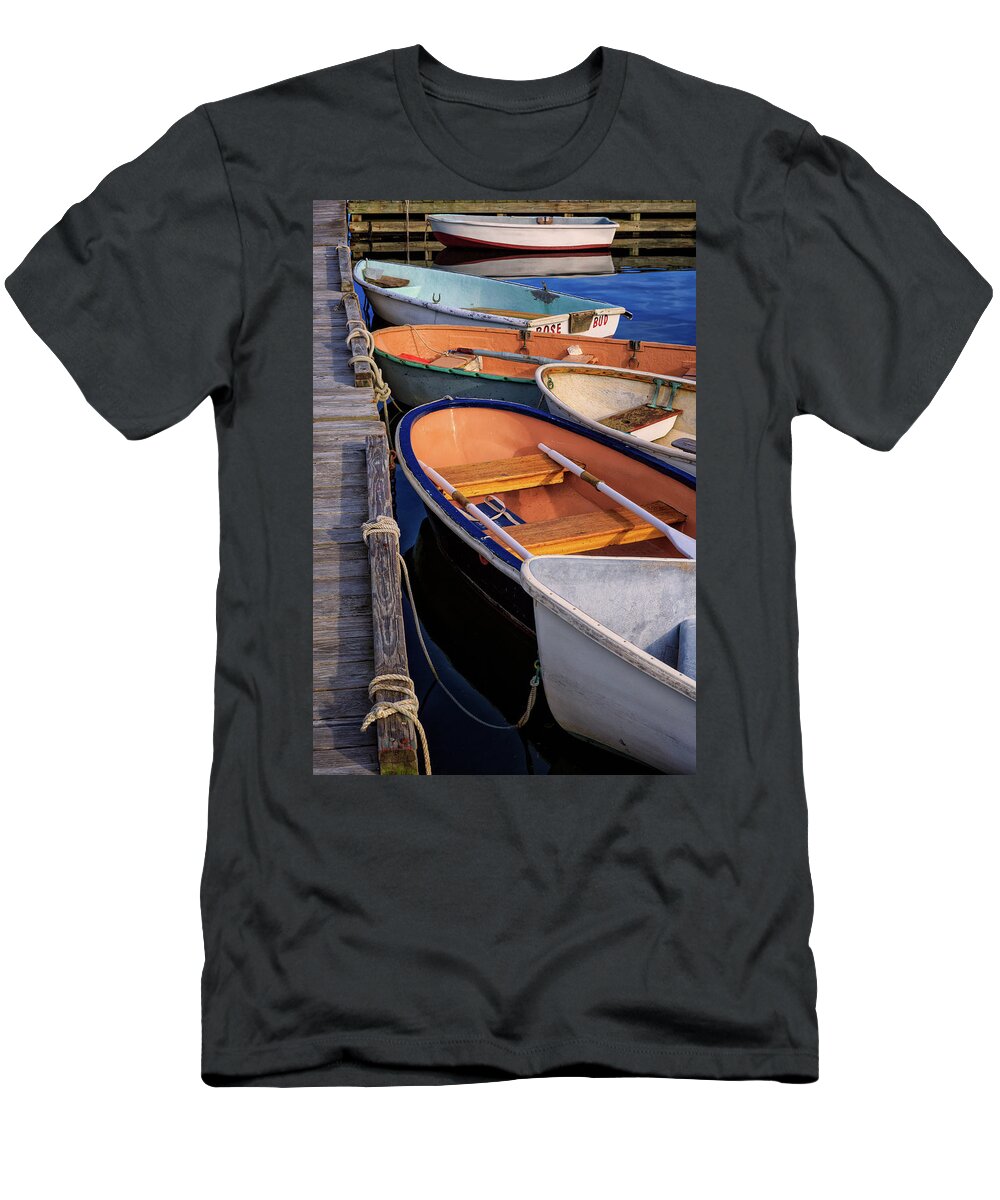 Acadia T-Shirt featuring the photograph At The Dock. Row Boats In Southwest Harbor, Maine by Jeff Sinon